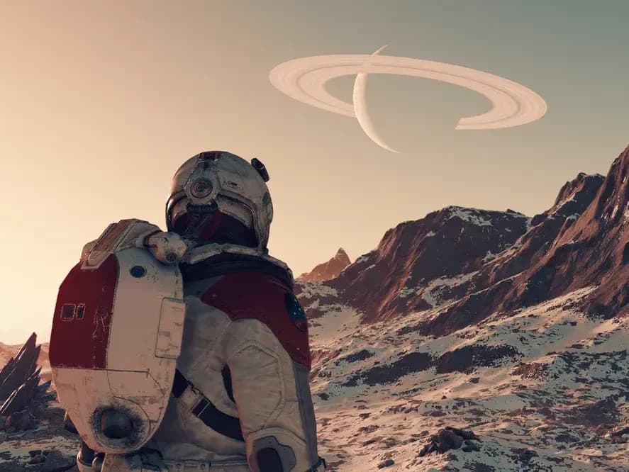 Starfield, player looking at a ringed planet with mountains infront of them